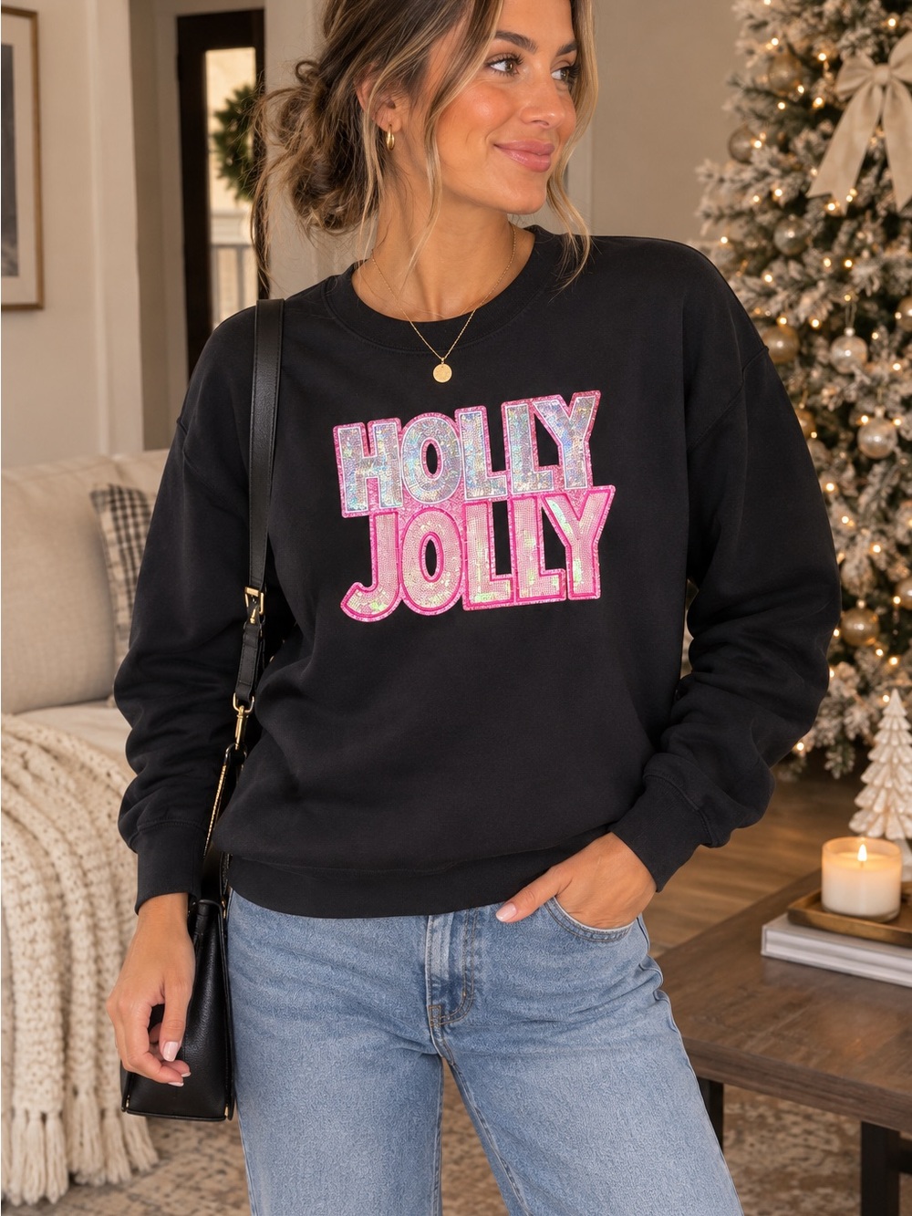 Gildan Black Crewneck Sweatshirt with Pink Sequin 'Holly Jolly' Appliqué